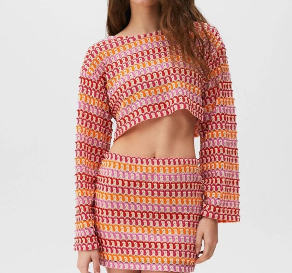 Commense Open Knit Crochet Crop Top Size Small Striped Boho Flared Sleeve